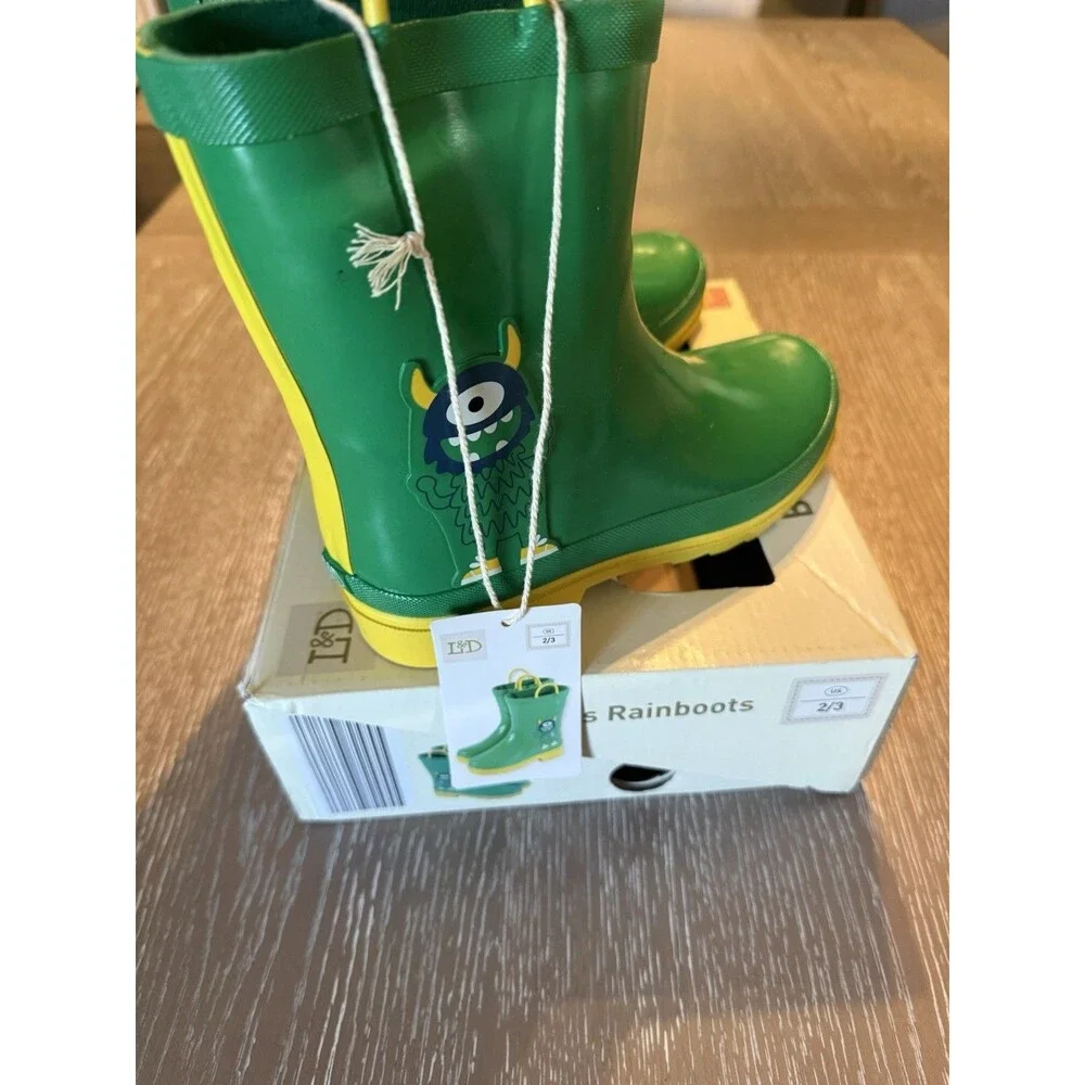L&D Unisex Kids Green/Yellow Rubber Pull-On Rain Boots Round Toe US 2